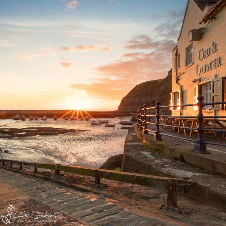 Cod And Lobster Staithes Sunrise Mini Foam Board Print