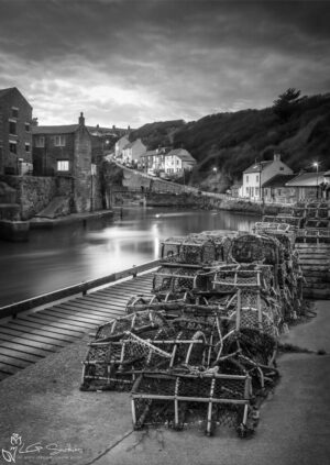 Crab Pots At Staithes Harbour Black and White