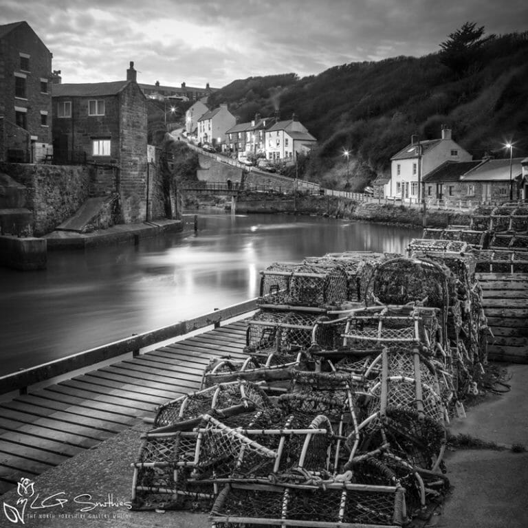 Crab Pots At Staithes Harbour Black and White Photo Slate