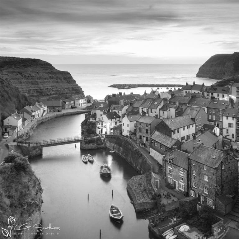 Dawn At Staithes Black And White Mini Foam Board Print
