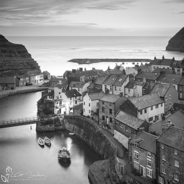 Staithes at Dawn Black And White Mini Foam Board Print