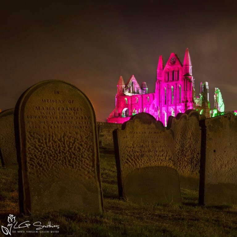 Dracula's Grave Yard and Illuminated Whitby Abbey Mini Foam Board Print