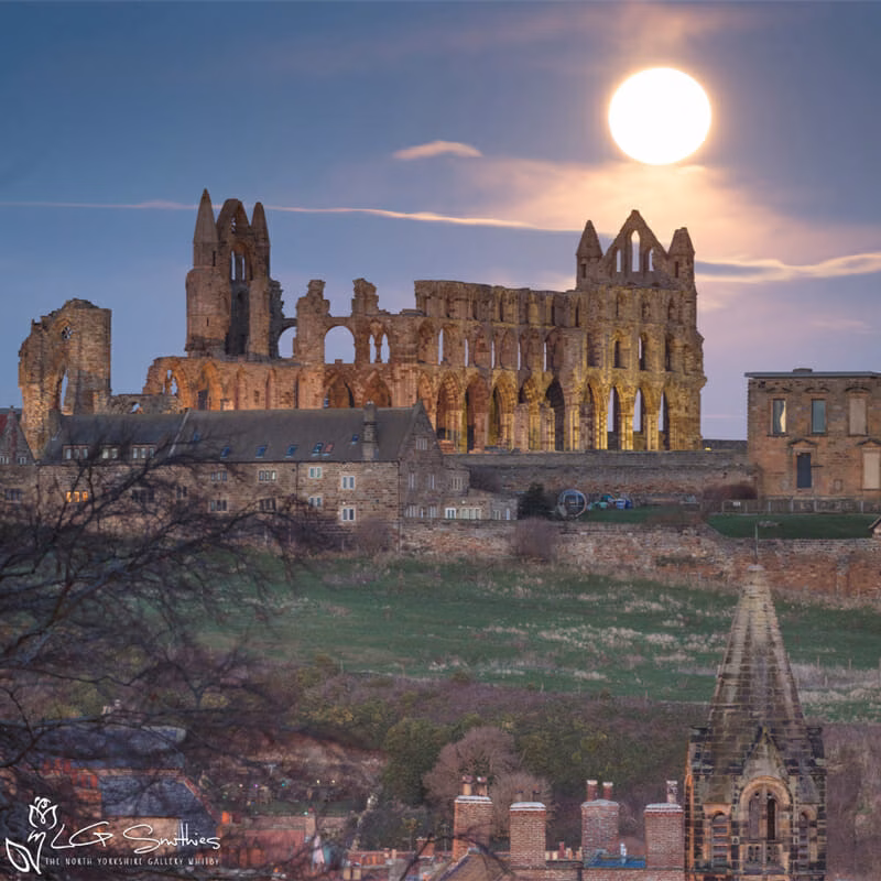 Moonrise Over Whitby Abbey Mini Foam Board Print Floating Framed Canvas Of Whitby Harbour
