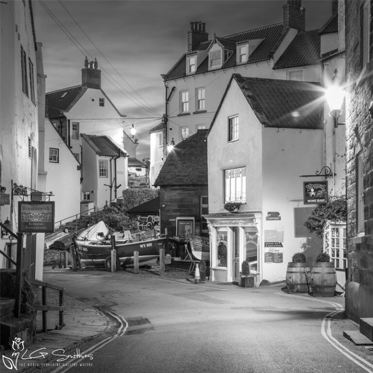 New Road Robin Hood's Bay Black and White Mini Foam Board Print