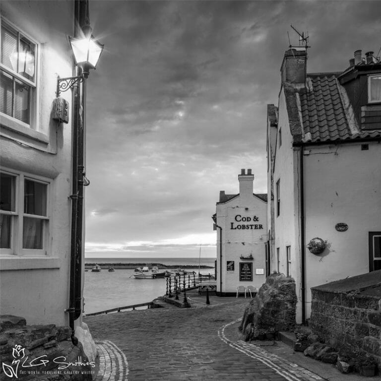 Road To Staithes Famous Cod and Lobster Black and White Photo Slate