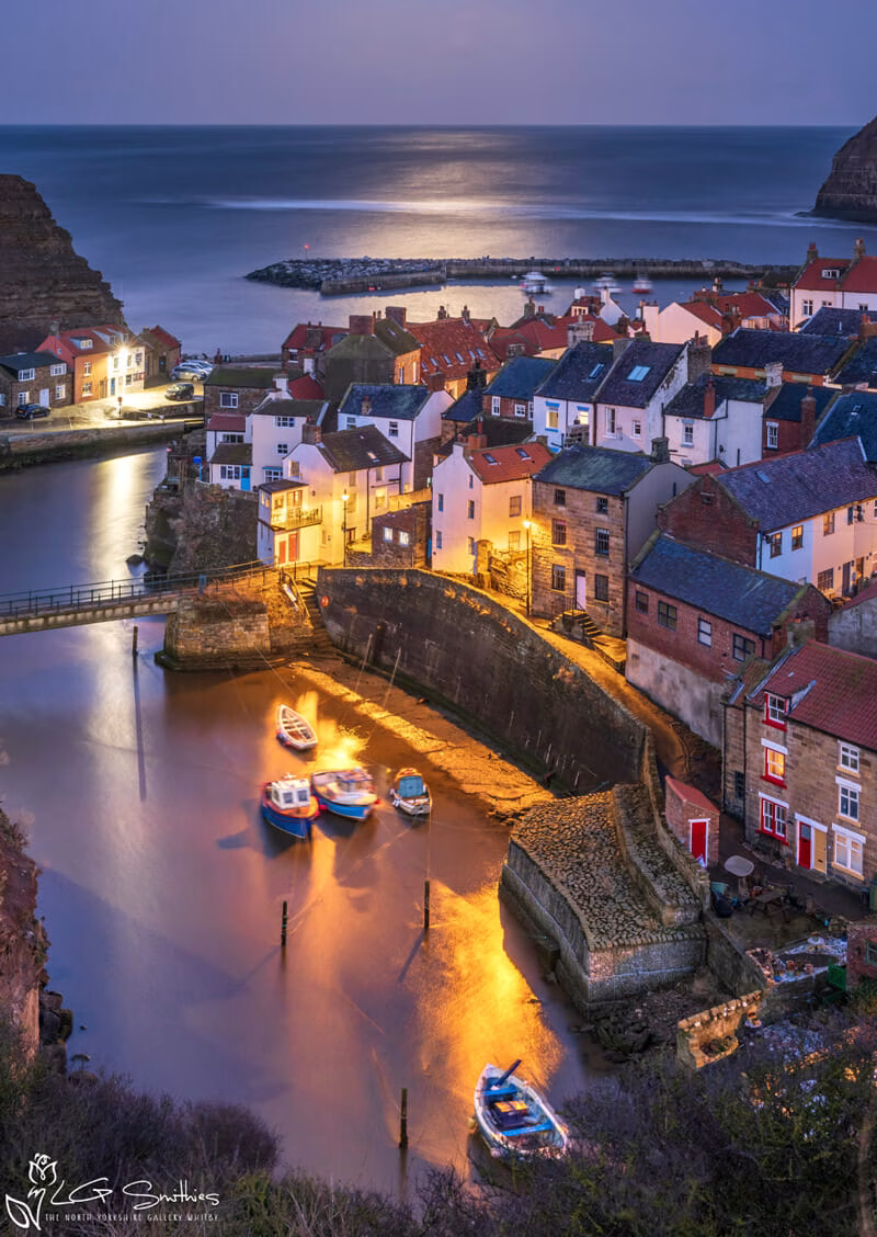 Snow Moonrise Over Staithes Harbour Snow Moonrise Over Staithes Harbour