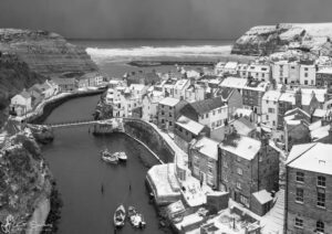Staithes Village After Snowfall Black And White