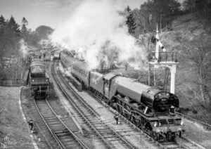 The Flying Scotsman at Goathland Station Black and White