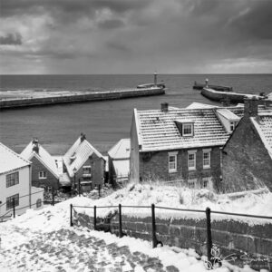 Whitby Steps and Harbour In The Snow Photo Slate