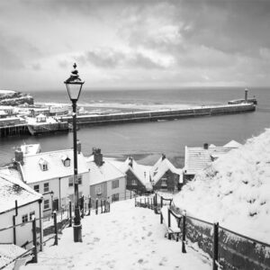 Whitby Steps In The Snow Black and White Photo Slate