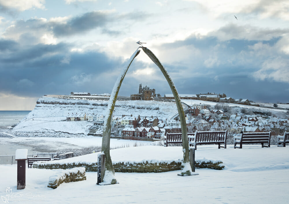Whitby’s Whalebones And Abbey After Snowfall