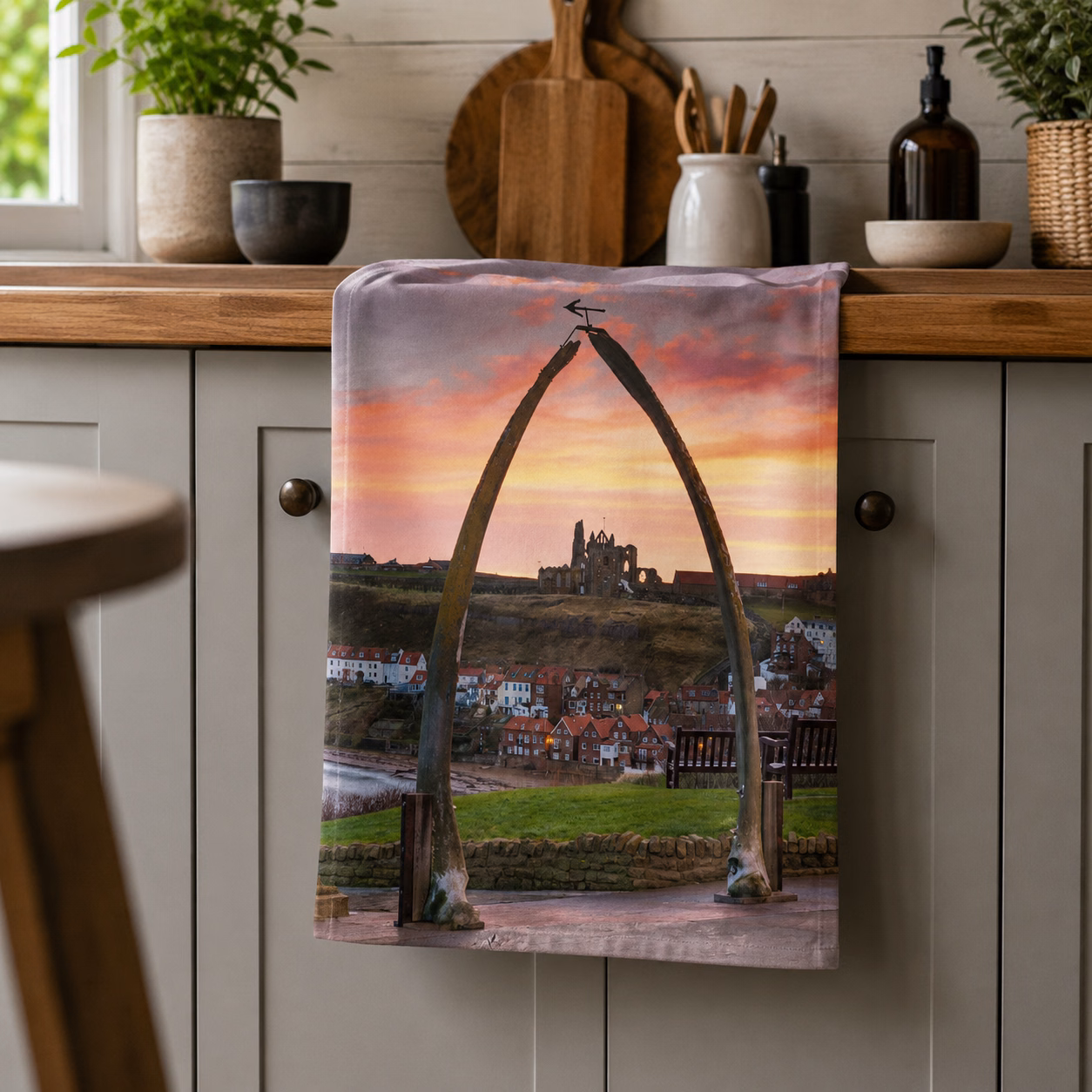 Whitby Whalebones Tea Towel 2 Whitby Whalebones Tea Towel On Display In A Kitchen