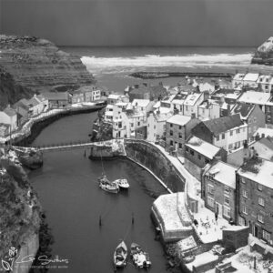 Staithes Village After Snowfall Black And White Mini Foam Board Print