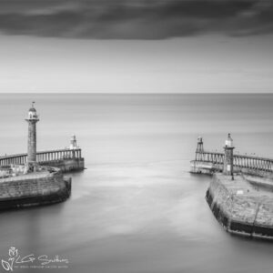 Whitby Piers Black and White Mini Foam Board Print