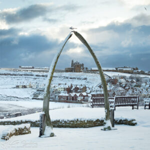 Whitby’s Whalebones And Abbey After Snowfall Mini Foam Board Print