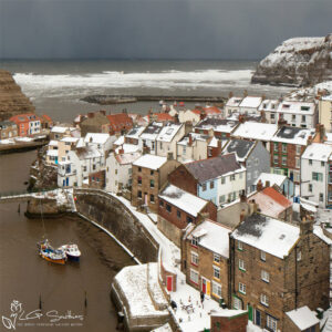 Winter Snow Over Staithes Mini Foam Board Print