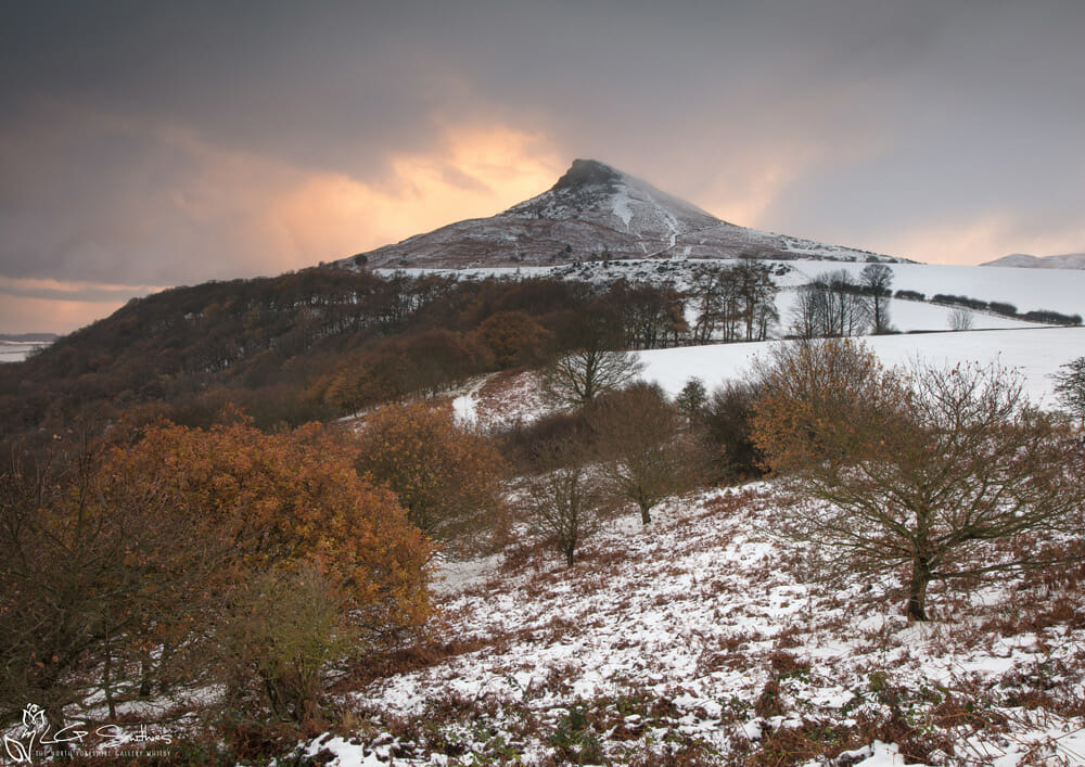 December-Snow-At-Roseberry-Topping copy Roseberry topping covered in snow as the sun rises behind foam board print