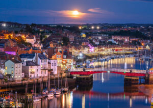 Moonrise Over Whitby Harbour And Swing Bridge