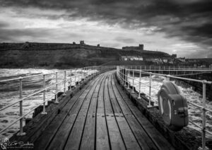 Whitby Piers In A Storm Black And White