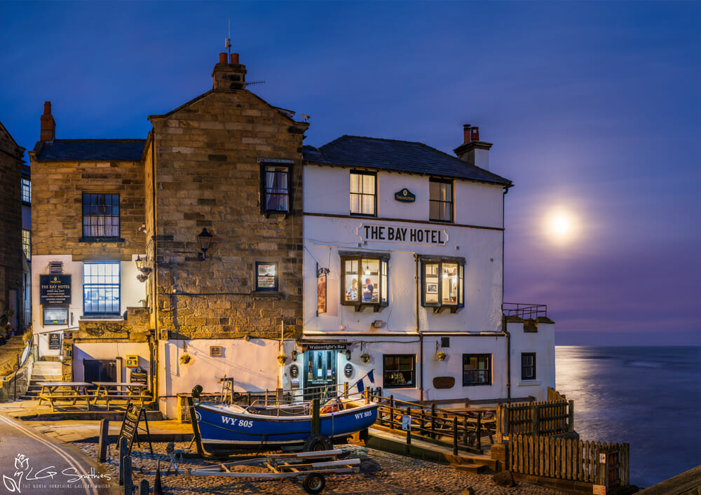 November's photo for the Robin Hood's Bay 2027 Calendar features a moonrise at The Bay Hotel