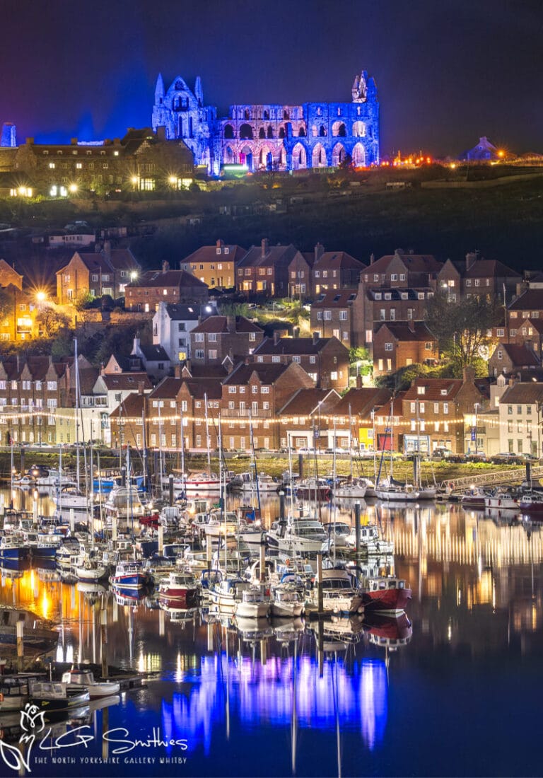 Illuminated Abbey Blue Reflections Over Whitbys River Esk