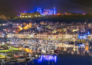 Illuminated Whitby Abbey Blue Reflections Over The River Esk