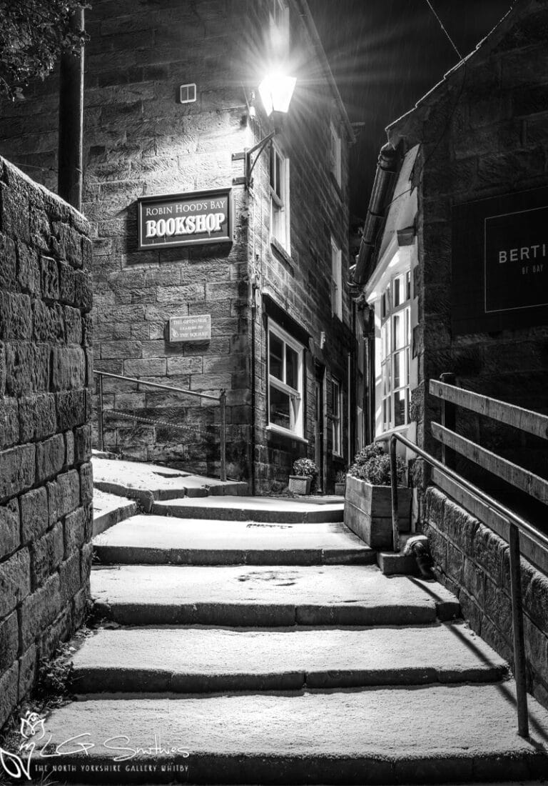 Robin Hoods Bay Book Shop In The Snow Black And White