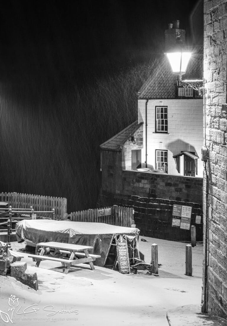 Robin Hoods Bay Snow Storm Black And White