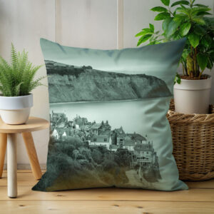 Beautiful Cushion On Display Showing Robin Hoods Bay From The Cleveland Way