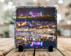 Illuminated Whitby Abbey And harbour Photo Slate