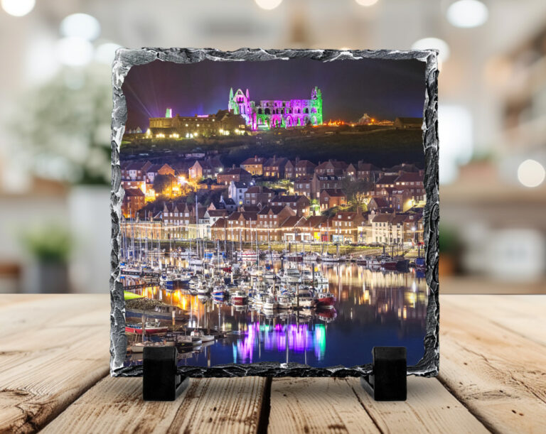 Illuminated Whitby Abbey And harbour Photo Slate