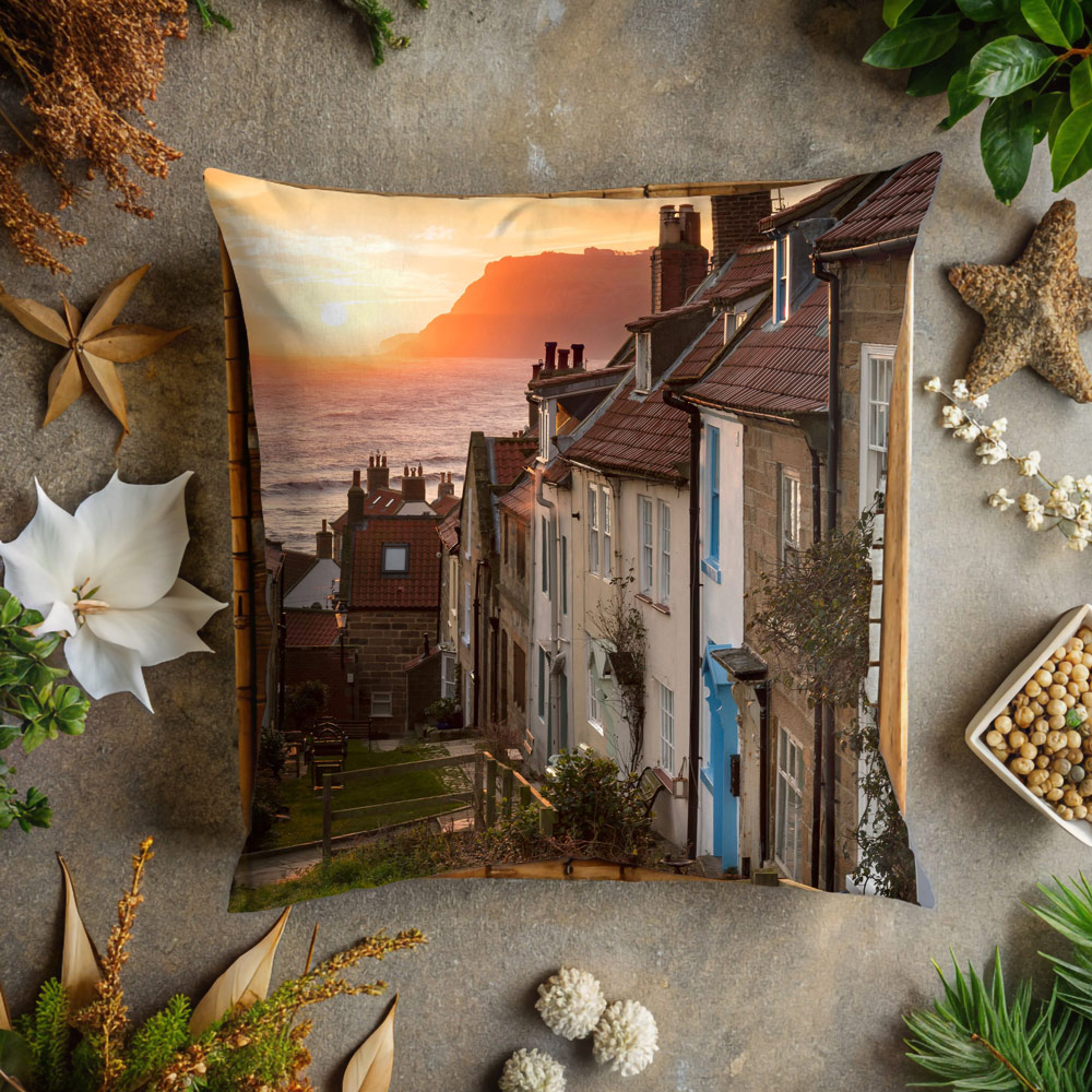 Robin Hoods Bay Autumn Sunrise Cushion on Display Robin Hoods Bay Autumn Sunrise Cushion on Display