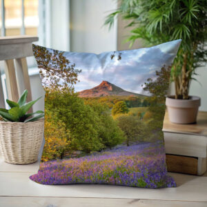Roseberry Topping Cushion On Display Showing Spring Bluebells