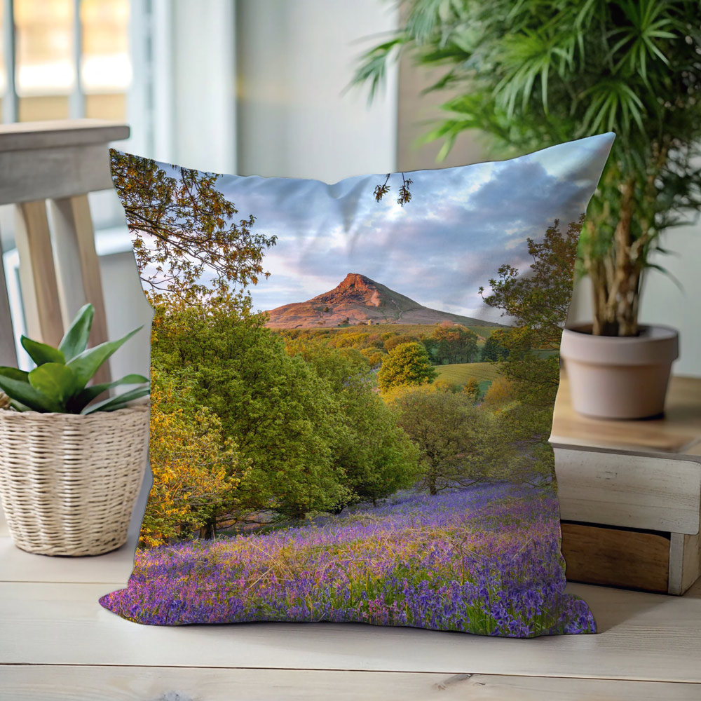 Roseberry Topping Cushion On Display Showing Spring Bluebells Roseberry Topping Cushion On Display Showing Spring Bluebells