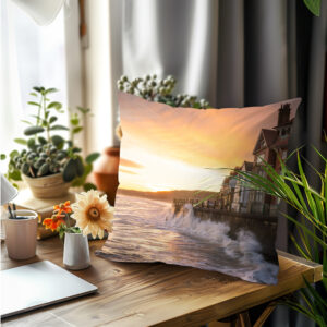 Sansend Cushion On Display Showing The Sea Wall At Sunrise