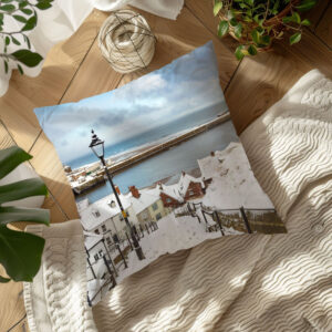 The Most Beautiful View In Yorkshire Whitby's 199 Steps Covered In Snow pictured On A Cushion