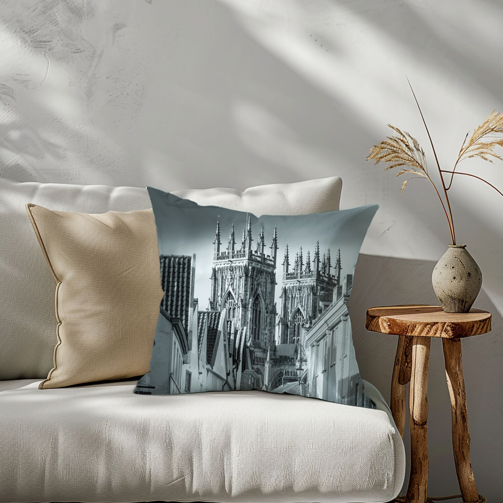York Double Sided Velvet Cushion 1 York Petergate Cushion displayed on a sofa
