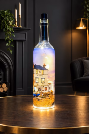Snow Moon Over Robin Hoods Bay Hotel Light Up Bottle Lit