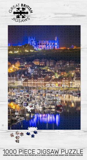 Illuminated Abbey, Blue Reflections Over Whitby's River Esk 1000 Piece Jigsaw