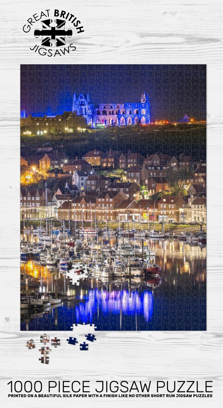 Illuminated Abbey, Blue Reflections Over Whitby's River Esk 1000 Piece Jigsaw