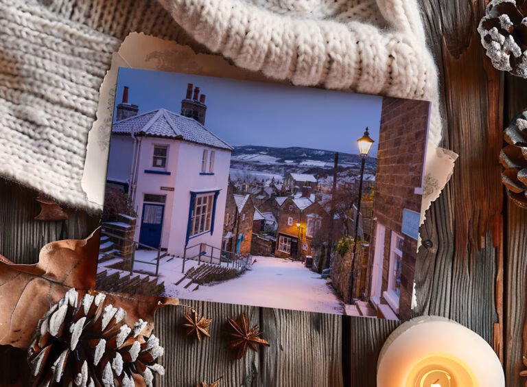 Robin Hoods Bay Snow Christmas Card On Display