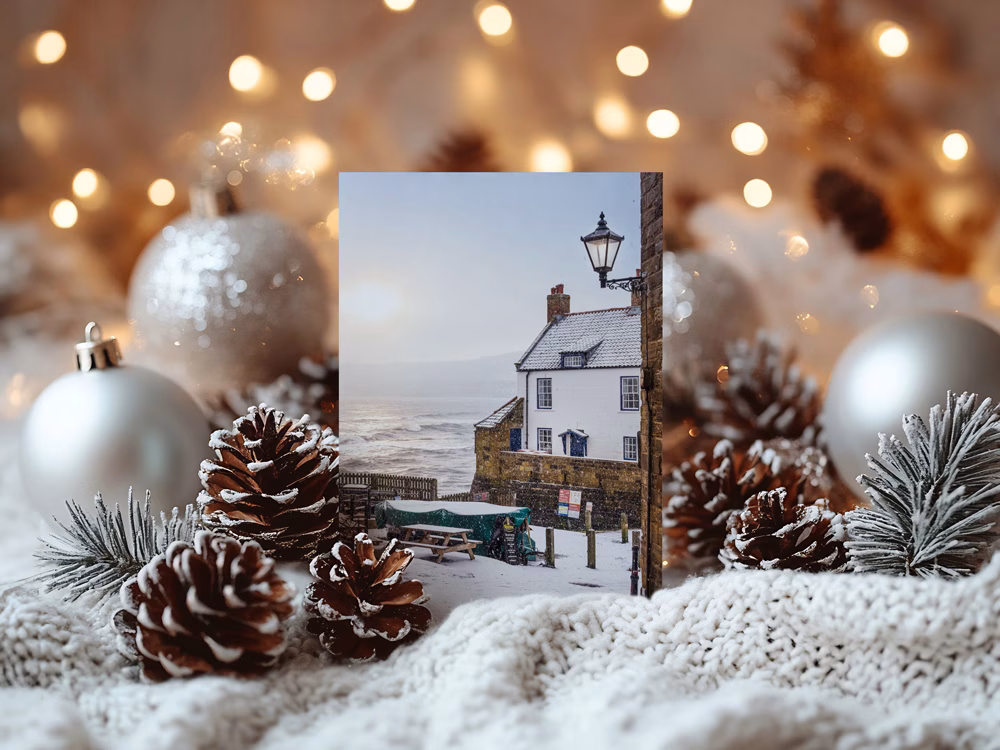 Robin Hoods Bay Snow Storm Christmas Card 1 Robin Hoods Bay Snow Storm Christmas Card On Display