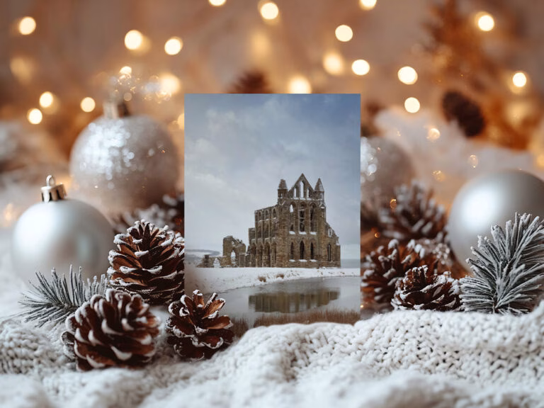 Snow At Whitby Abbey Christmas Card On Display