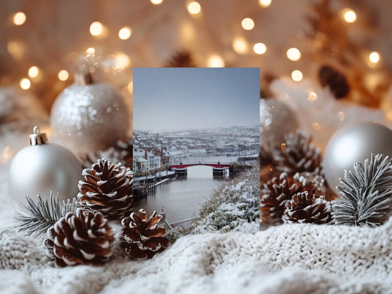 Snow Covered Whitby Harbour Christmas Card On Display