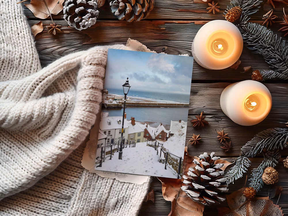 Whitby 199 Steps in The snow Whitby Christmas Card on Display