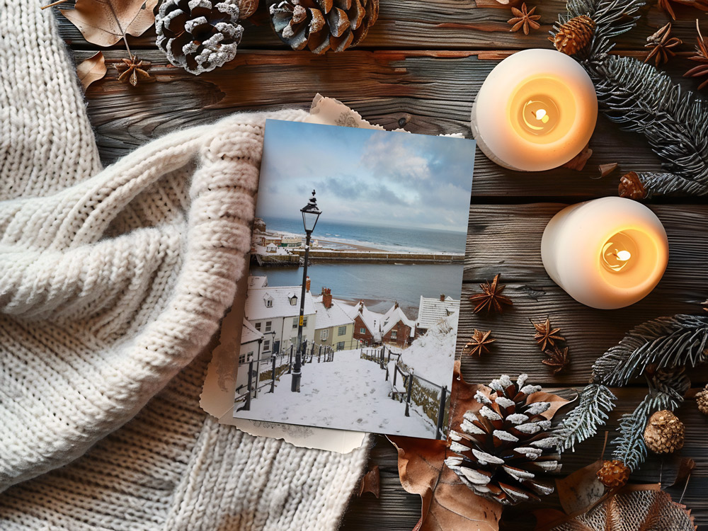 Whitby 199 Steps in The snow Christmas Card on Display