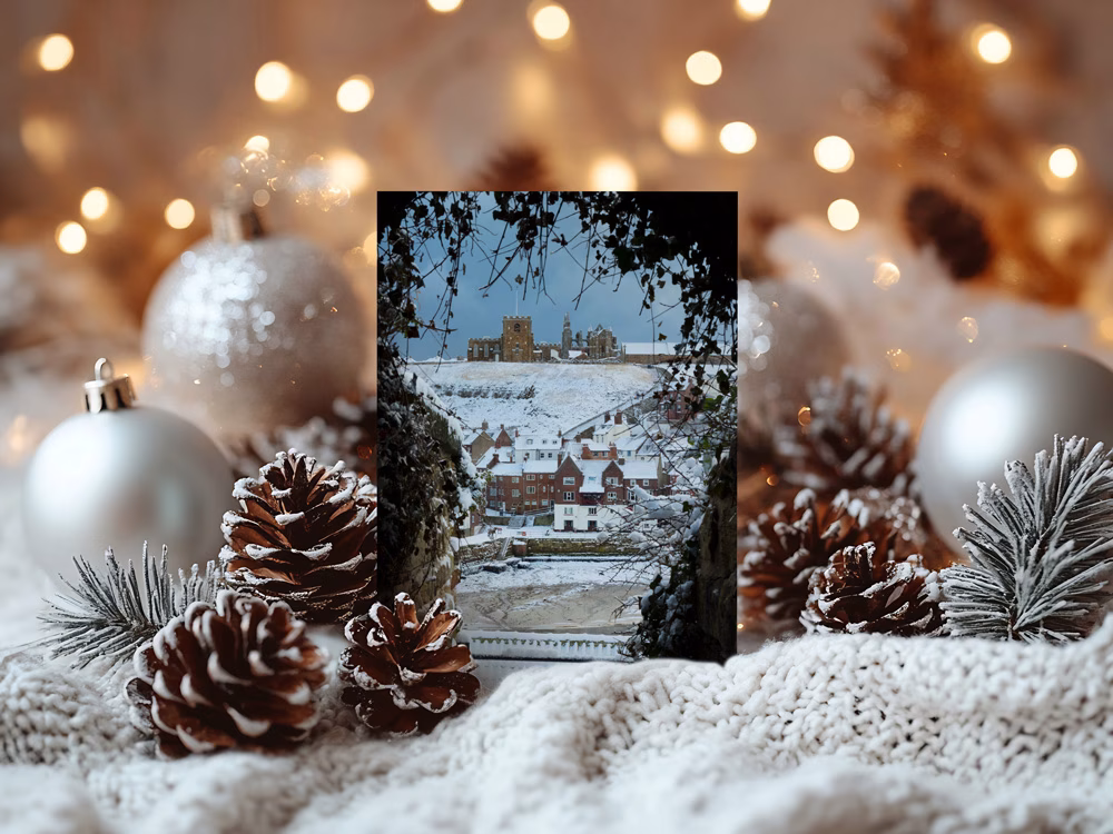 Whitby In The Snow From Khyber Pass Tunnel Christmas Card On Display
