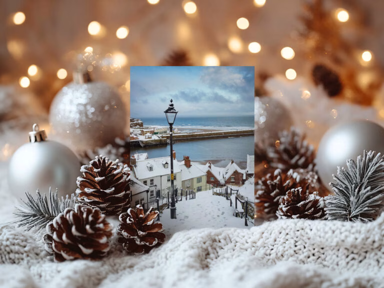 Whitby Steps In The Snow Christmas Card On Display