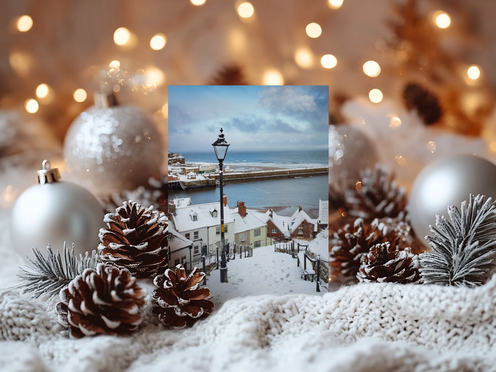 Whitby Steps In The Snow Christmas Card 1 Whitby Steps In The Snow Christmas Card On Display