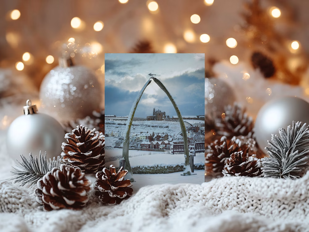 Whitby Whalebones In The Snow Christmas Card 1 Whitby Whalebones In The Snow Christmas Card On Display